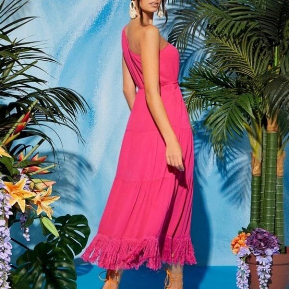 One Shoulder Belted Fringe Trim Thigh split Ruffled Hem Dress PINK - Picture 2 of 6